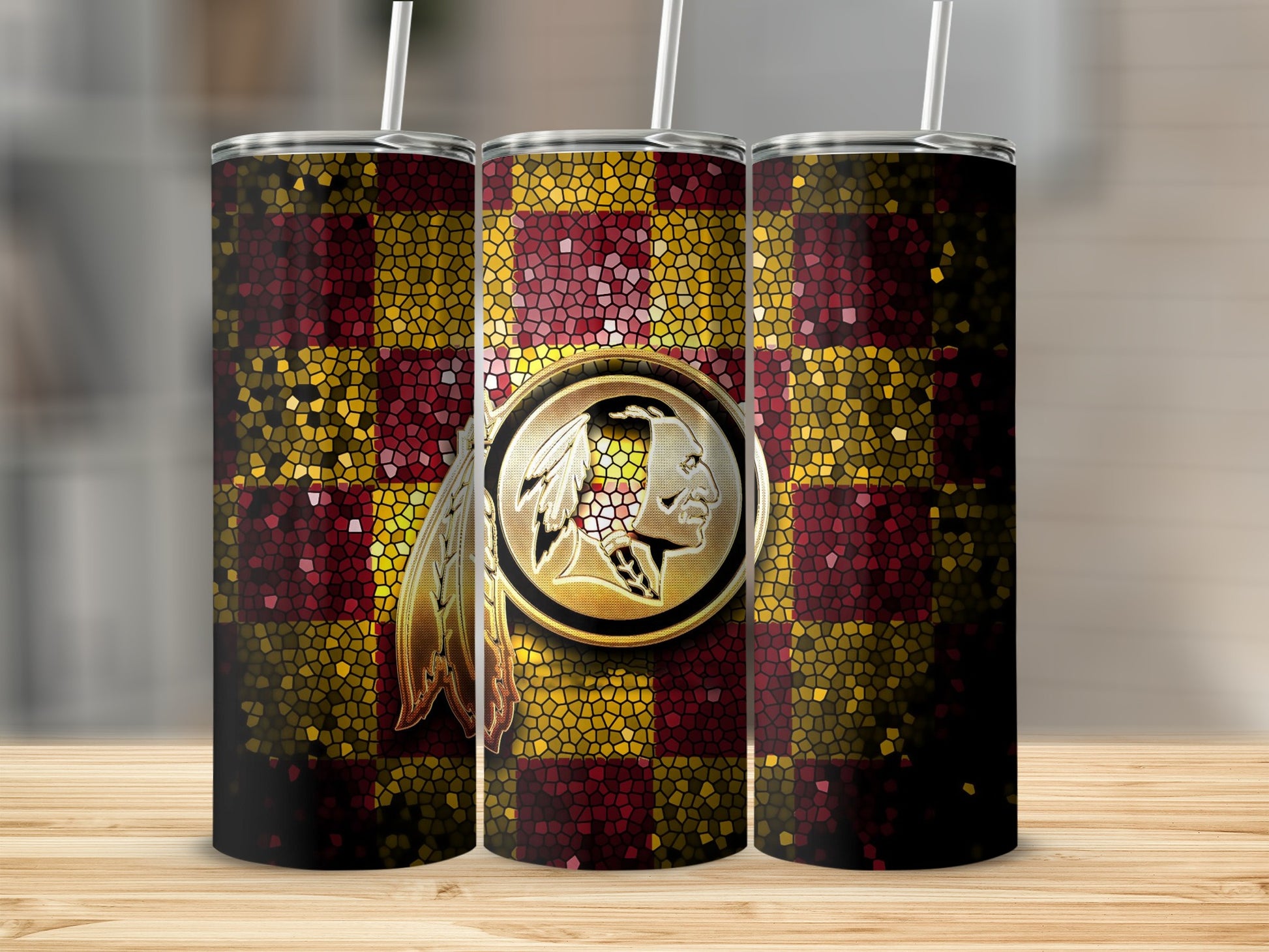 Three tumblers with Washington Redskins logo and stained glass pattern.