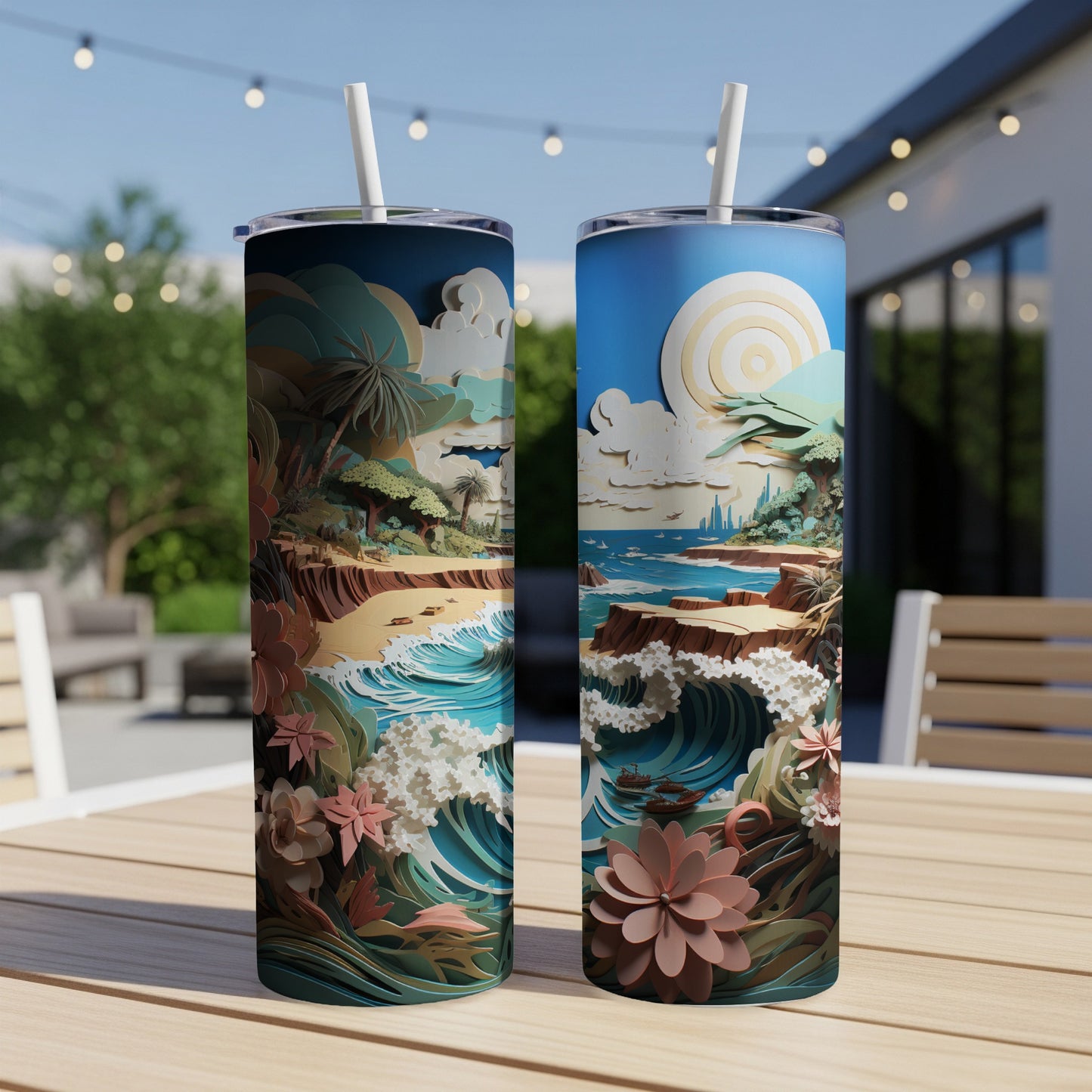 Two colorful tumblers featuring a vibrant beach and ocean landscape scene.