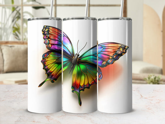 Three white tumblers featuring a vibrant, iridescent butterfly design.