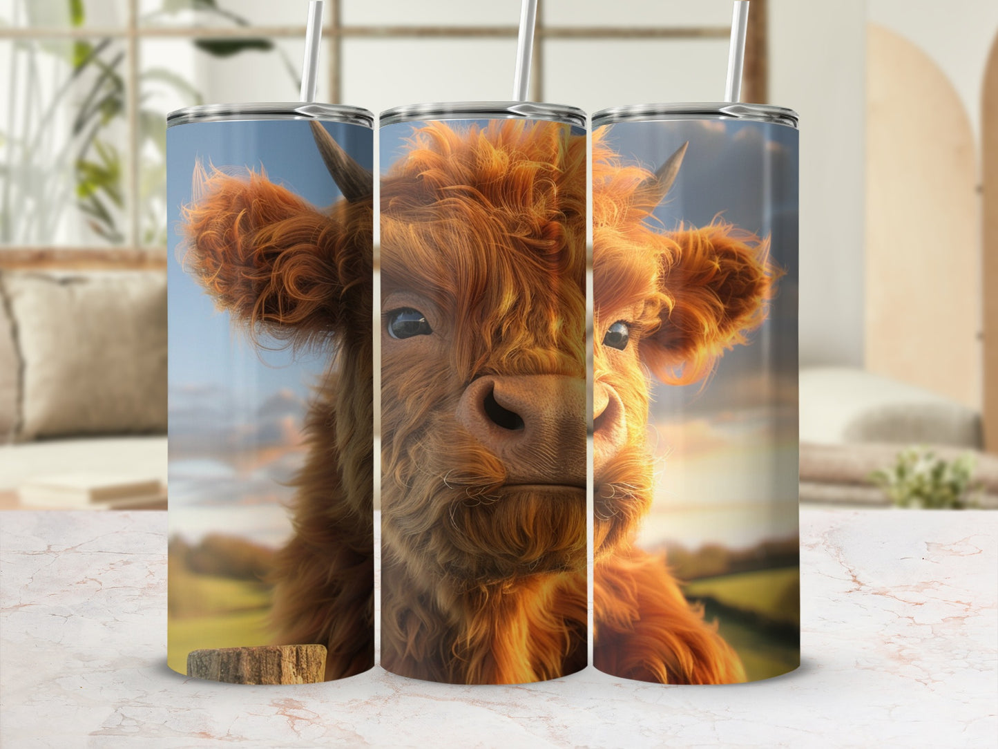 Fluffy Highland cow face on a tumbler, sunny field background.