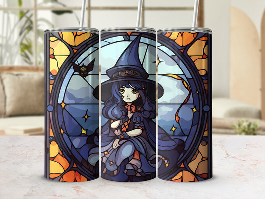 Three stained glass tumblers featuring a witch under a crescent moon.