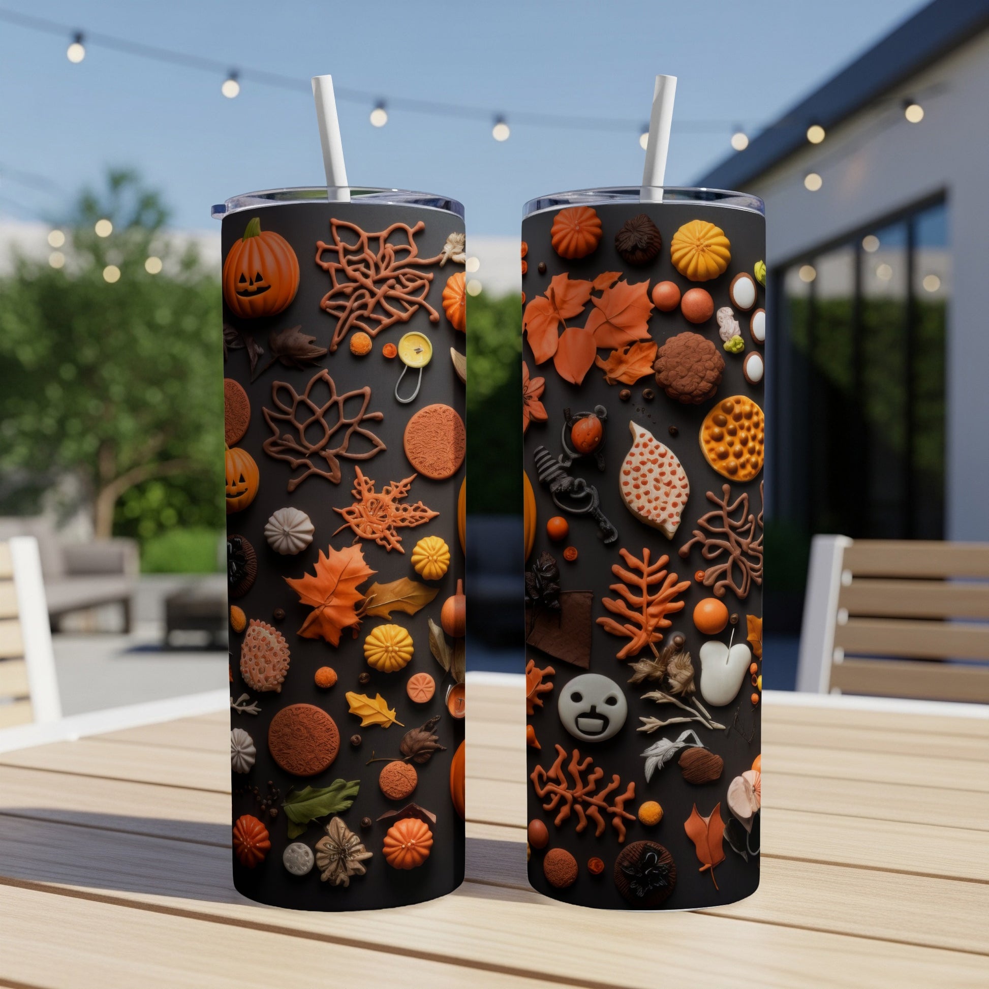 Two tumblers with a repeating pattern of Halloween and fall motifs on a dark background.