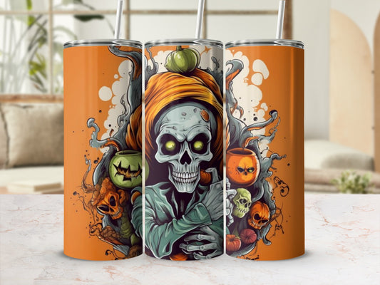 Three Halloween-themed tumblers with a skeleton and pumpkins design.