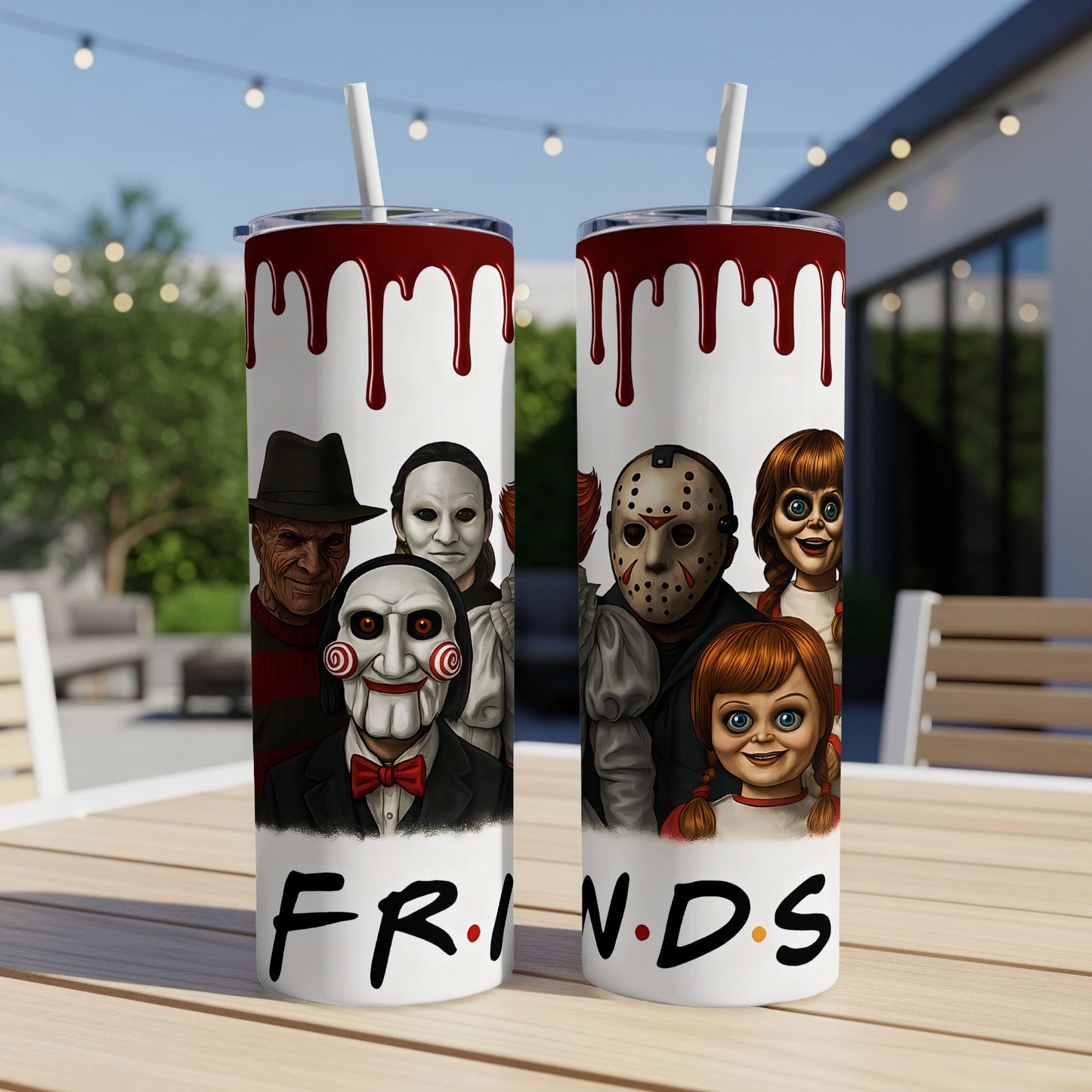 Two tumblers featuring horror movie characters and "FRIENDS" logo.