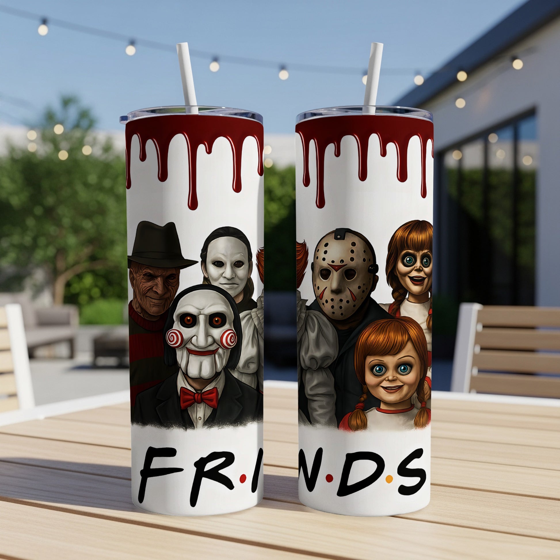 Two tumblers featuring horror movie characters and "FRIENDS" logo.