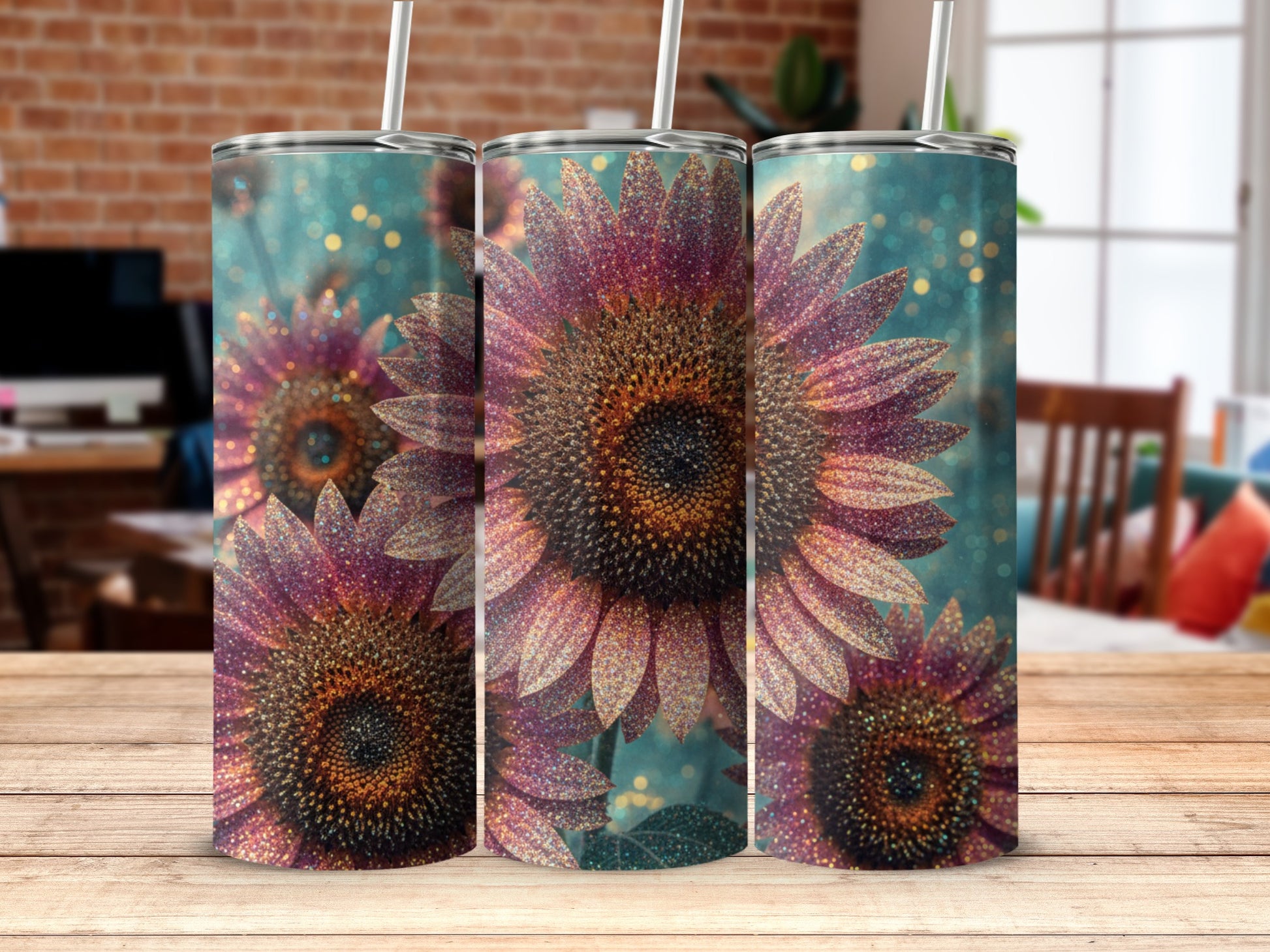 Sparkly Sunflower Design Insulated Tumbler Cup