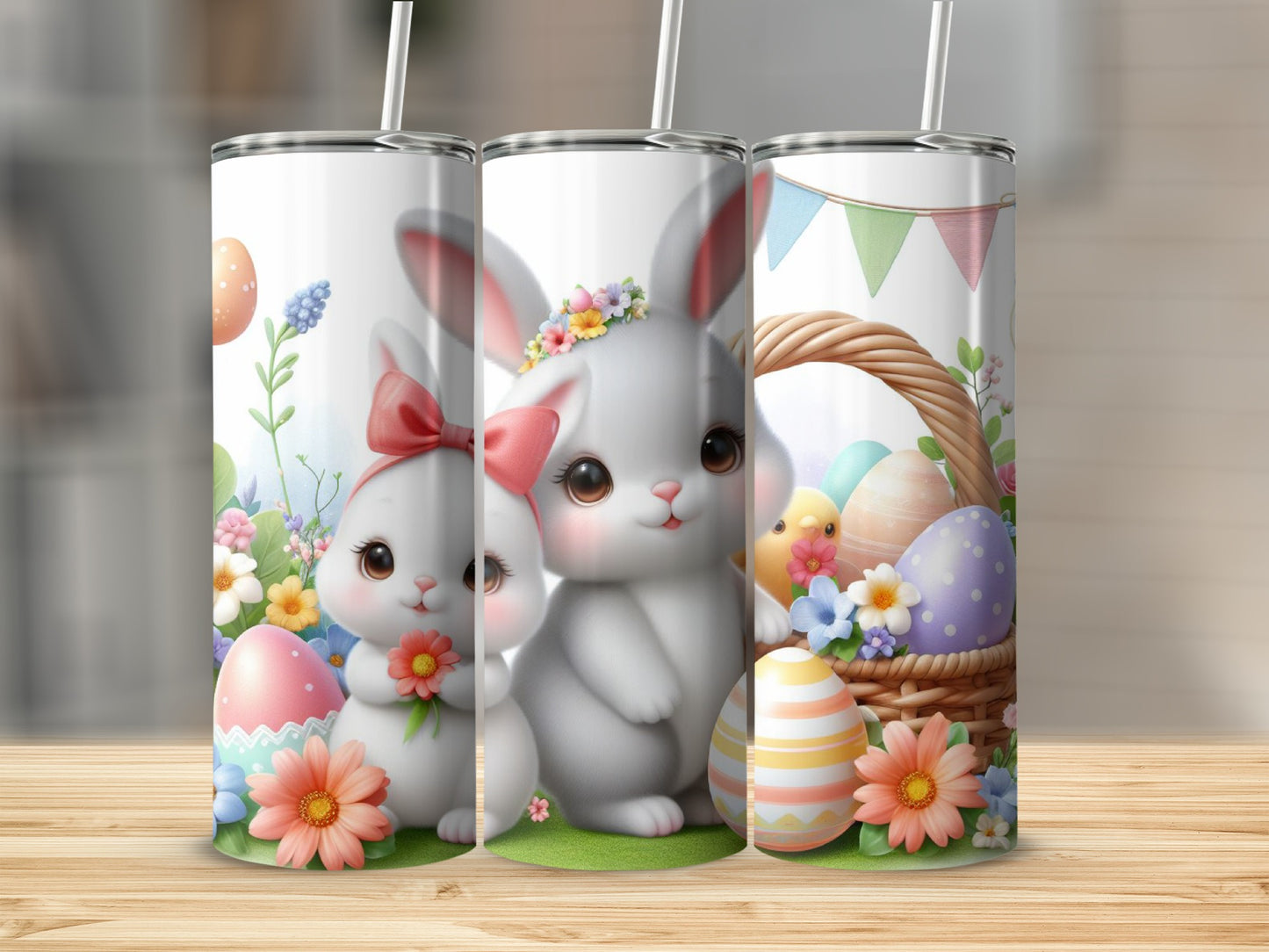 Three Easter-themed tumblers with bunnies, chicks, and Easter eggs.