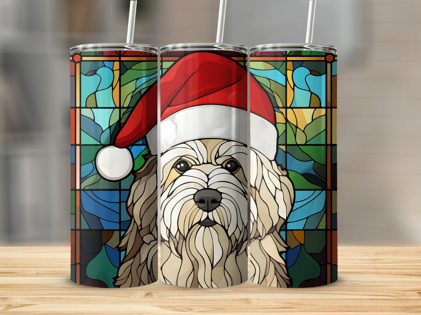 Stained glass dog wearing Santa hat on a tumbler.