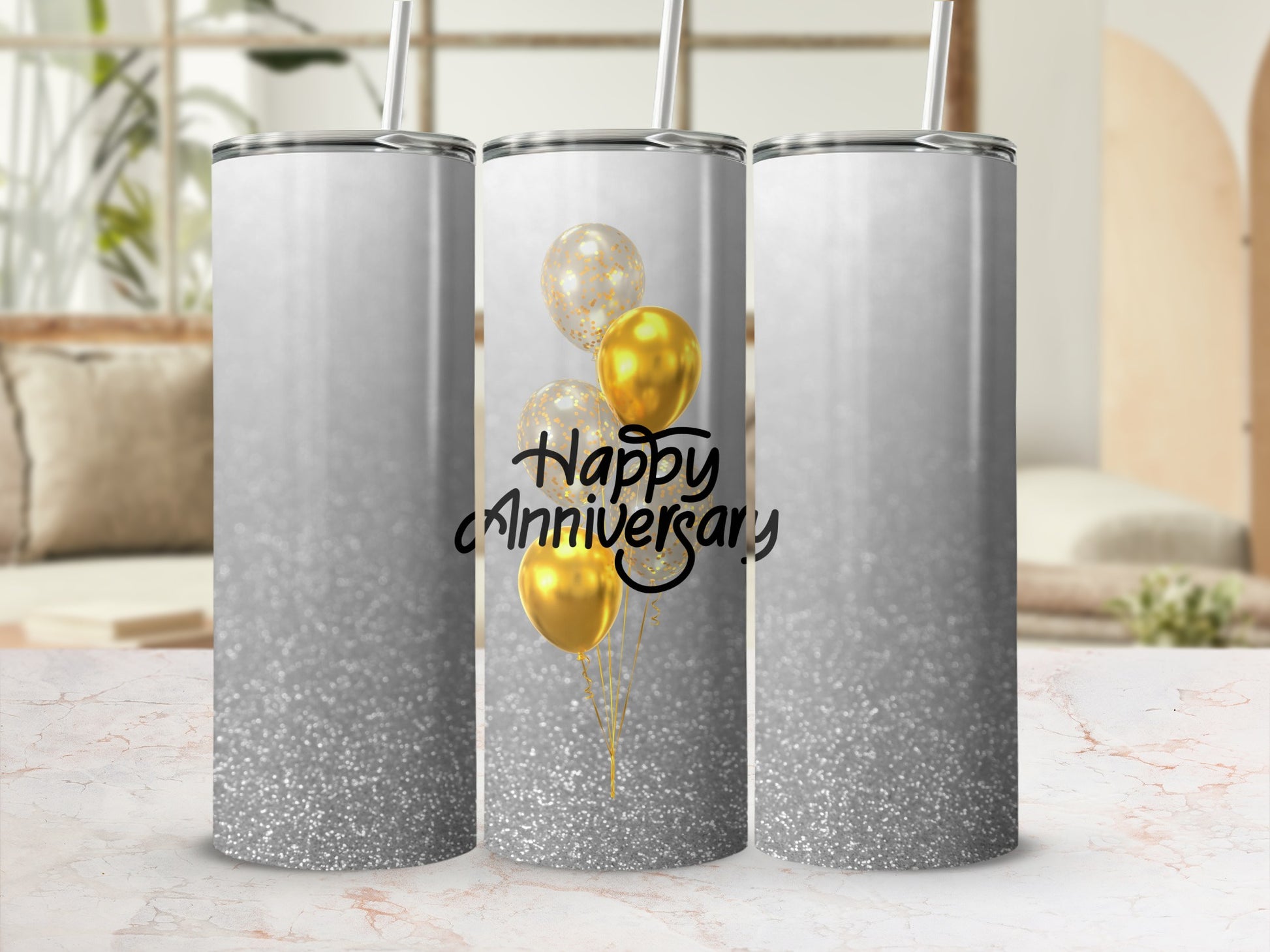 Silver glitter tumbler with "Happy Anniversary" and balloons.