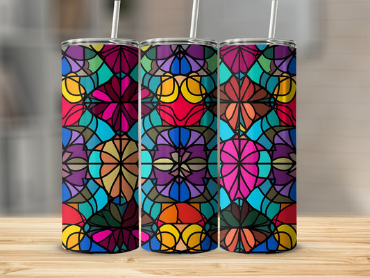 Three tumblers with a colorful stained glass geometric pattern.