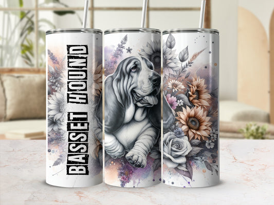 Basset Hound with floral accents on a tumbler.