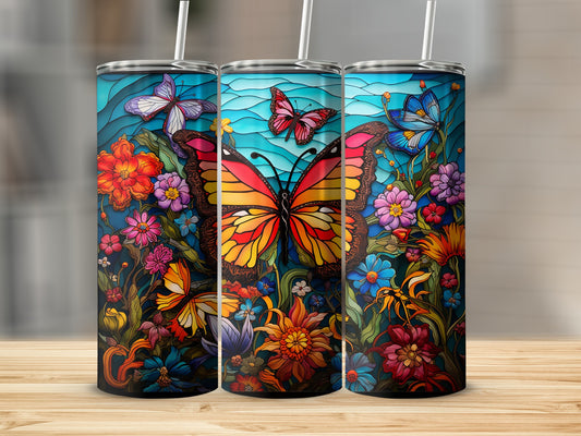 Colorful Butterfly and Flowers Tumbler Cup