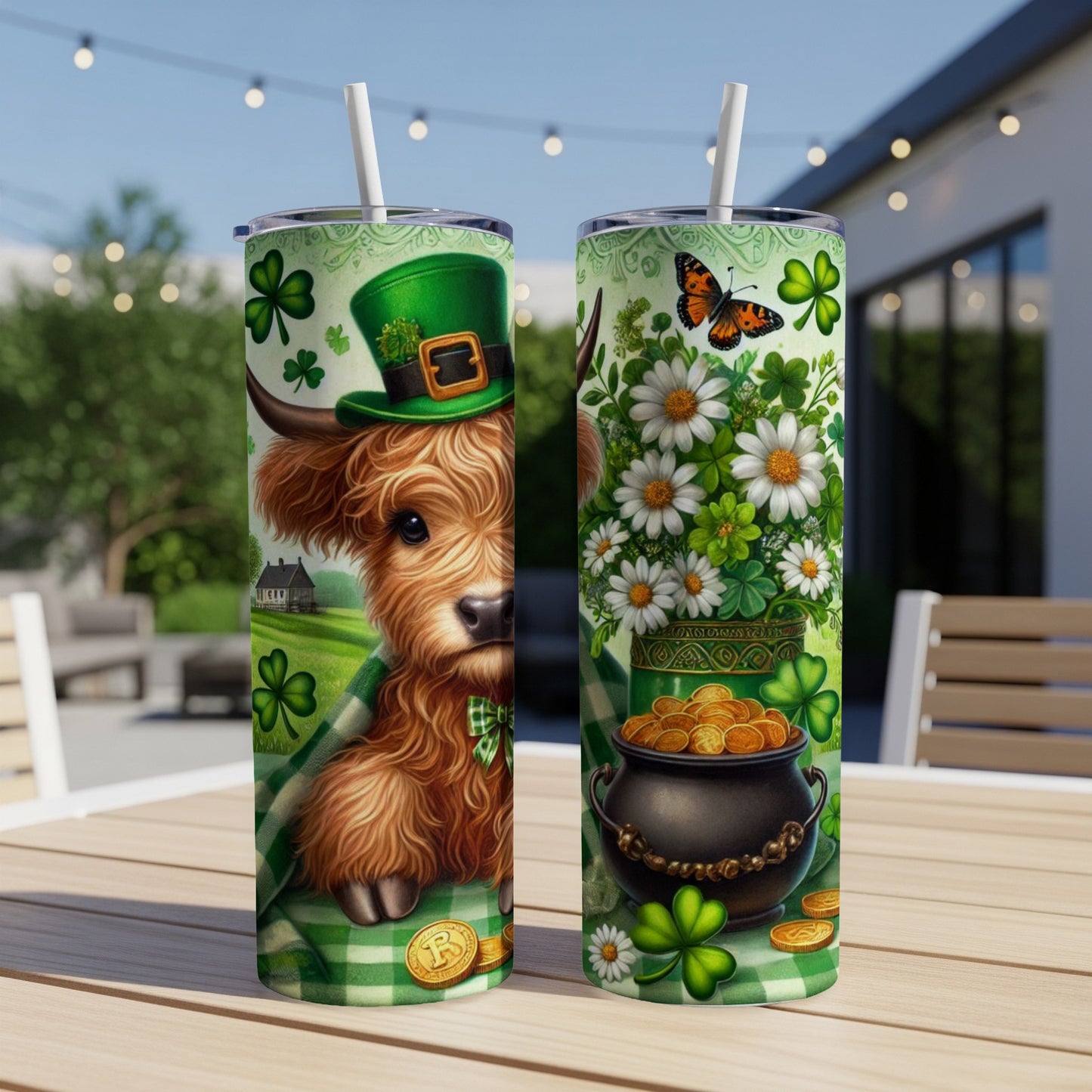 St. Patrick's Day cow with shamrocks and a pot of gold on tumblers.