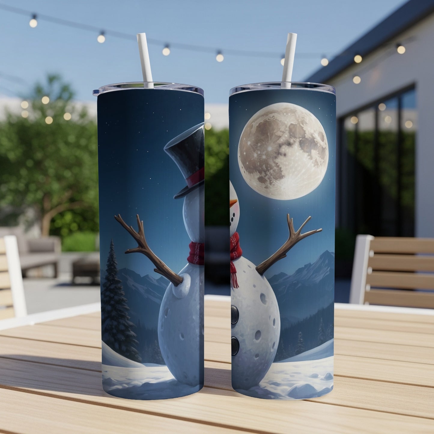 Snowman in a top hat and scarf against a moonlit winter landscape.