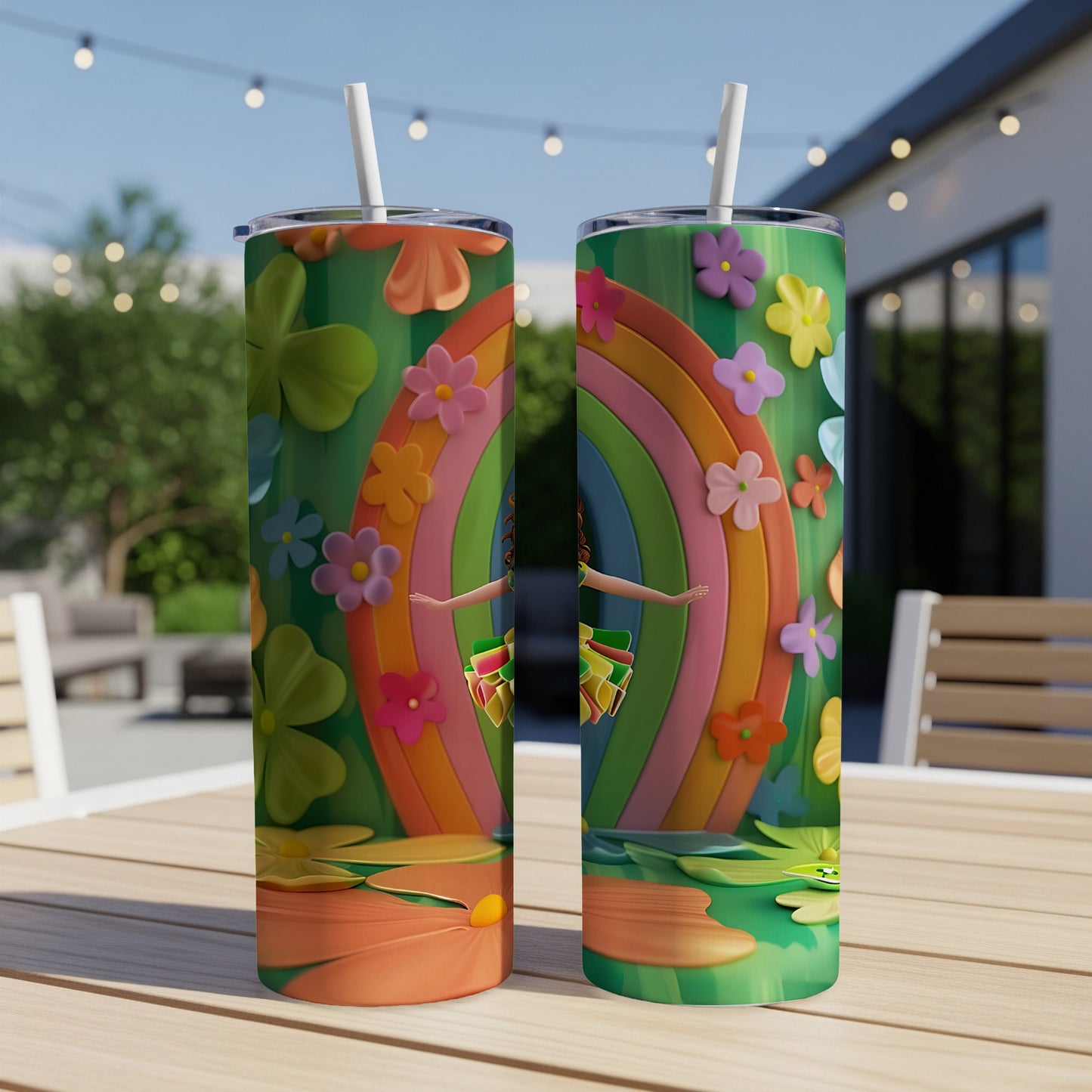 Two tumblers with a colorful rainbow and floral design, one showing a person.