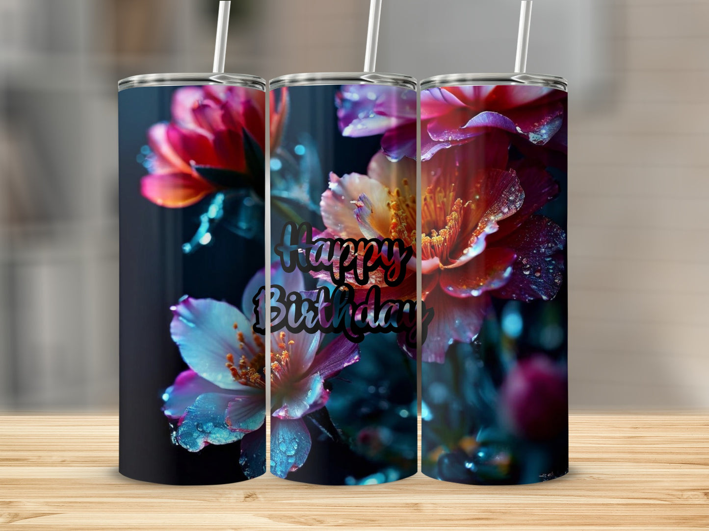Three tumblers with floral designs and "Happy Birthday" text.