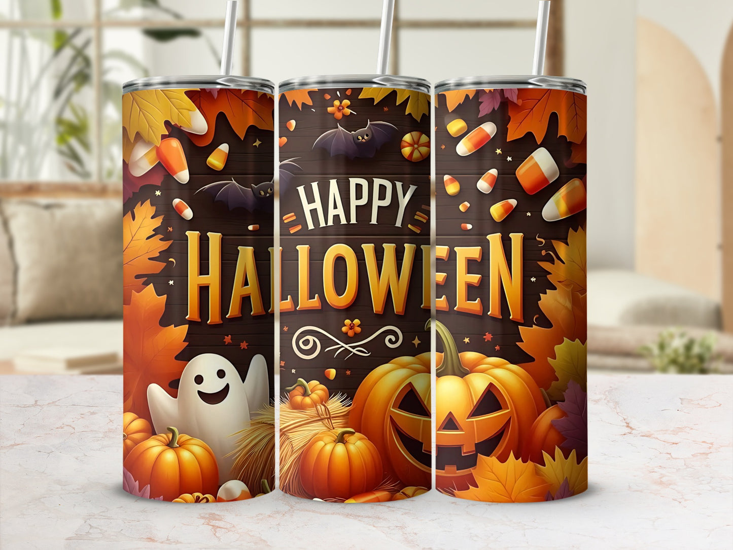 Three tumblers with "Happy Halloween" text and spooky fall graphics.