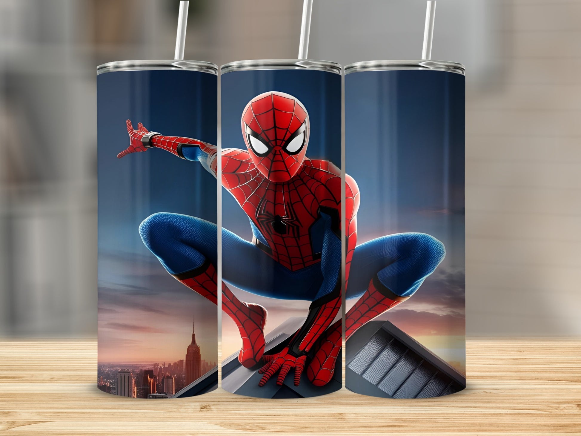 Spider-Man crouching on a rooftop with city skyline background.