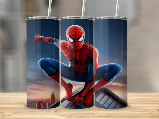 Spider-Man crouching on a rooftop with city skyline background.