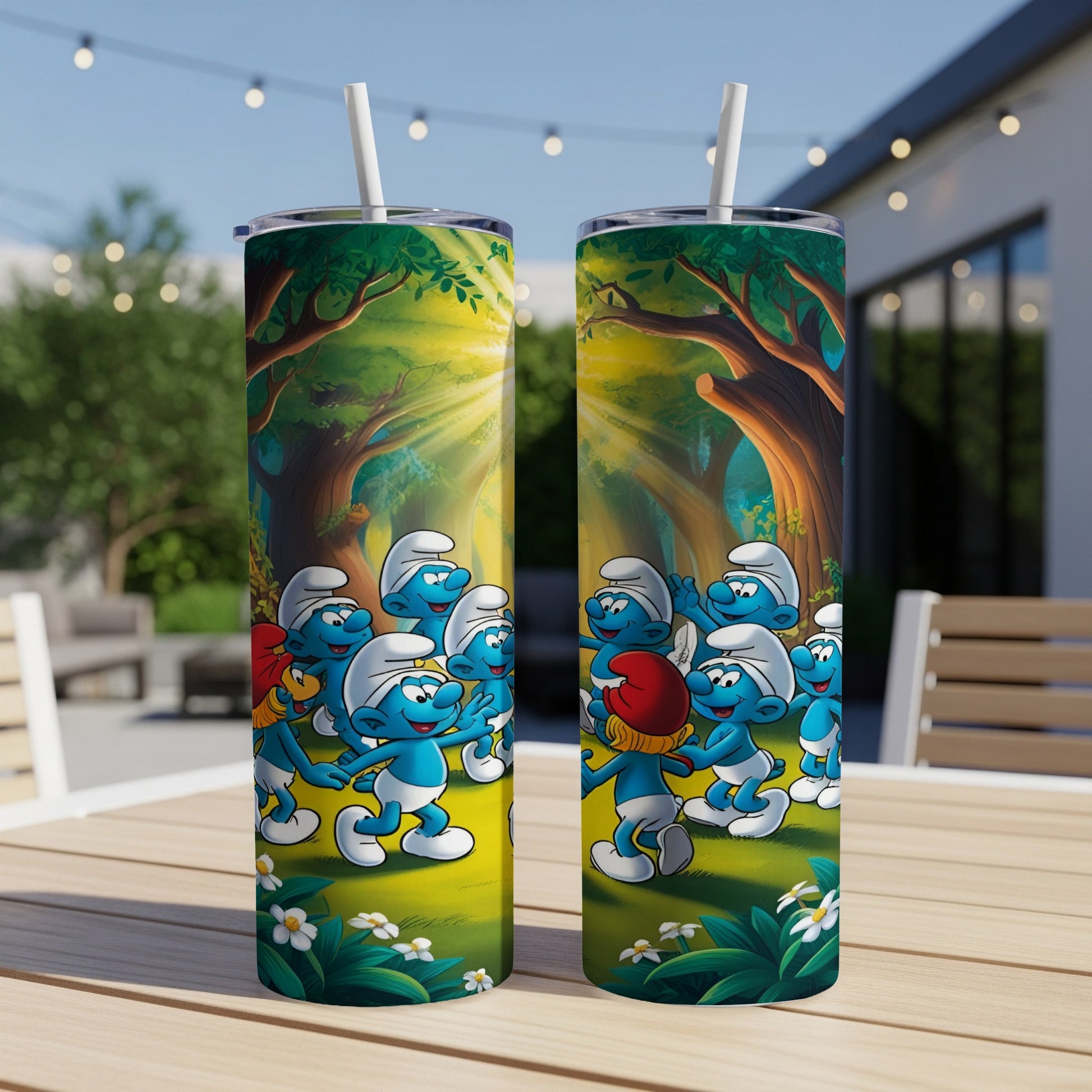 Smurfs dancing in a sunlit forest clearing.