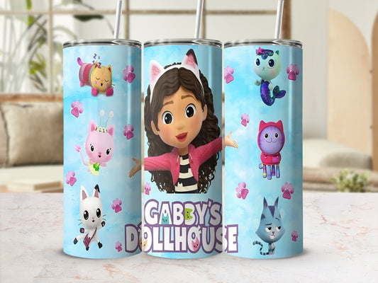 Gabby's Dollhouse tumbler with Gabby, Pandy Paws, and other characters.