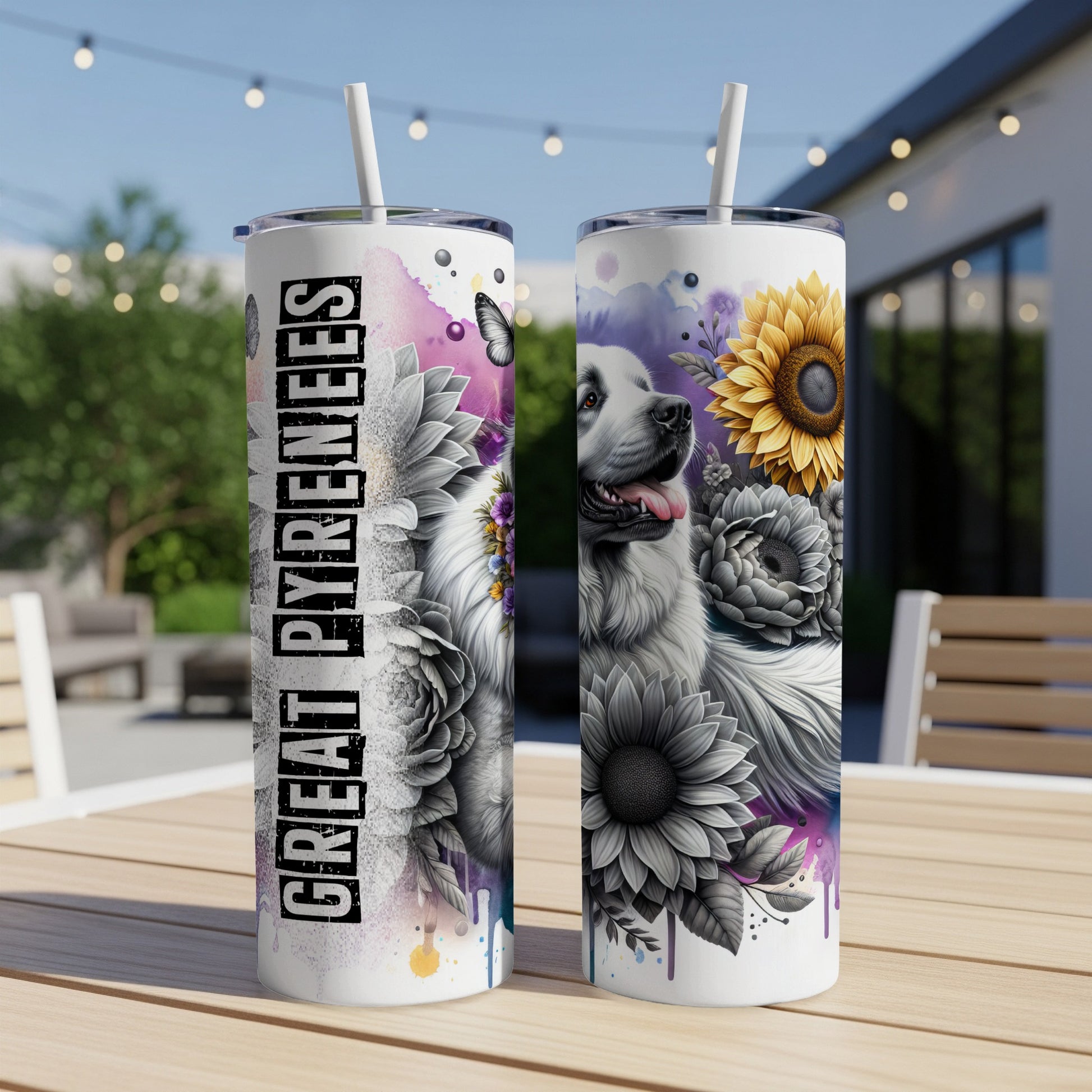 Great Pyrenees dog with sunflowers on a white tumbler.