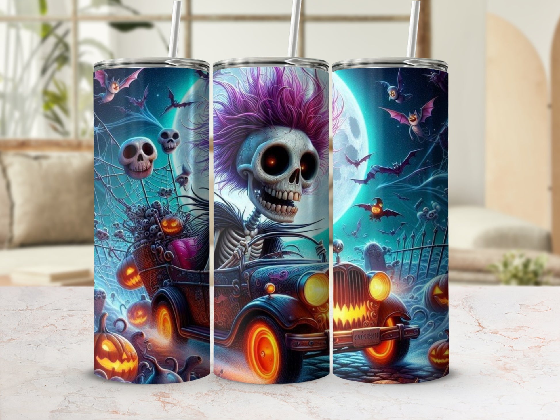 Halloween-themed tumbler with skeleton driving a vintage car, pumpkins, bats, and skulls.