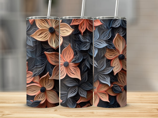 Three tumblers with a repeating pattern of peach and dark blue floral designs.