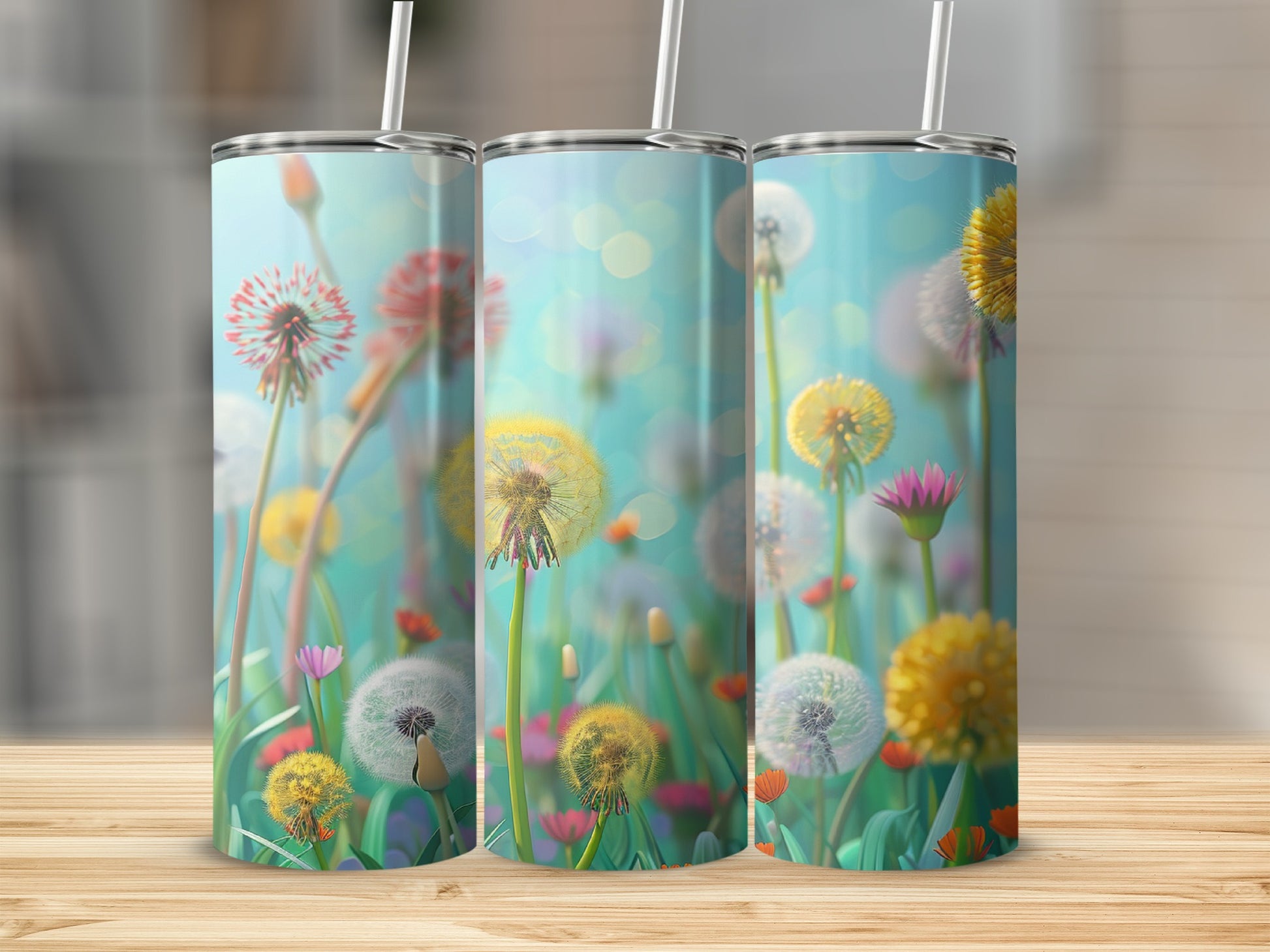 Three tumblers with dandelion and floral artwork displayed on a wooden surface.