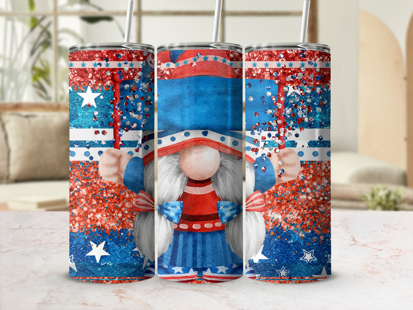 Red, white, and blue gnome tumbler with glitter and stars.