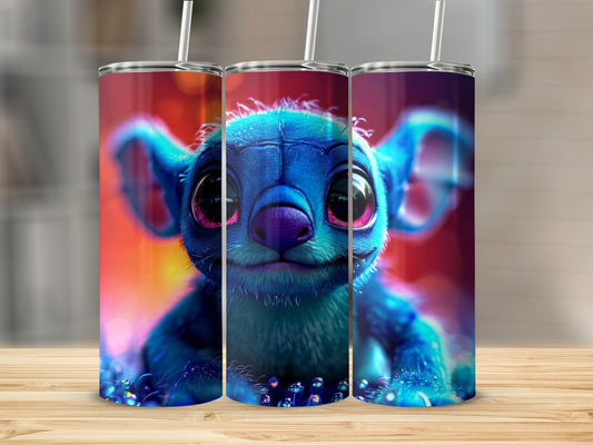 Three tumblers featuring a blue Stitch character with large pink eyes.