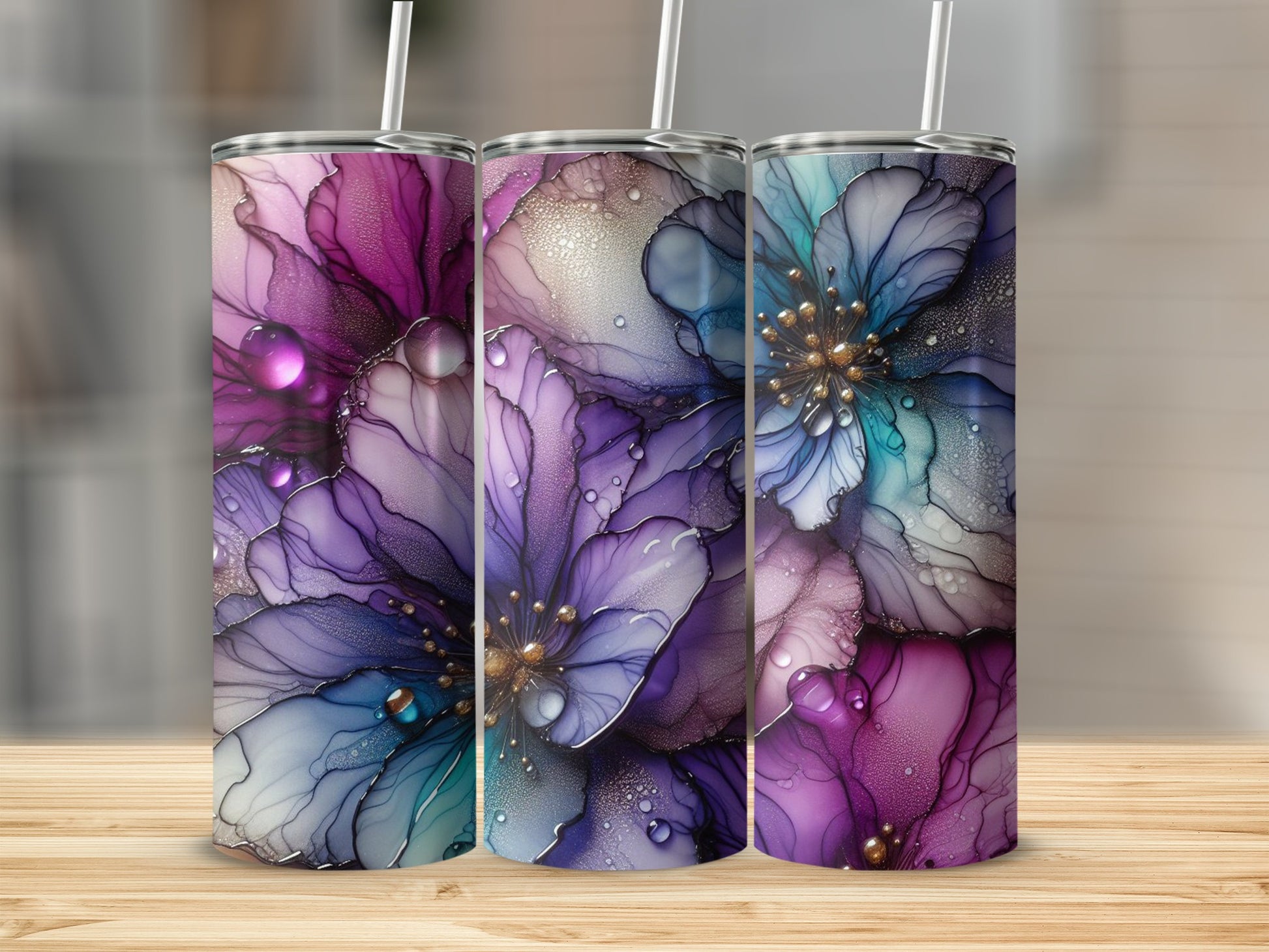 Abstract Floral Ink Art Design Purple Blue Teal Droplets product type