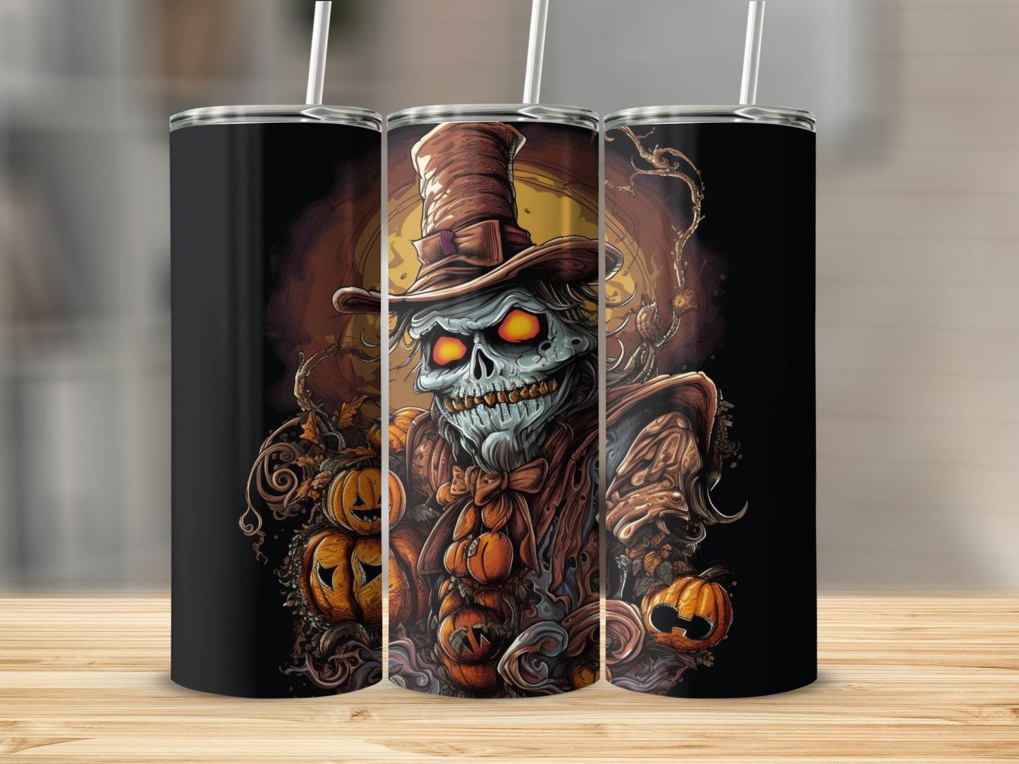 Spooky Scarecrow Halloween Tumbler with Pumpkins Art
