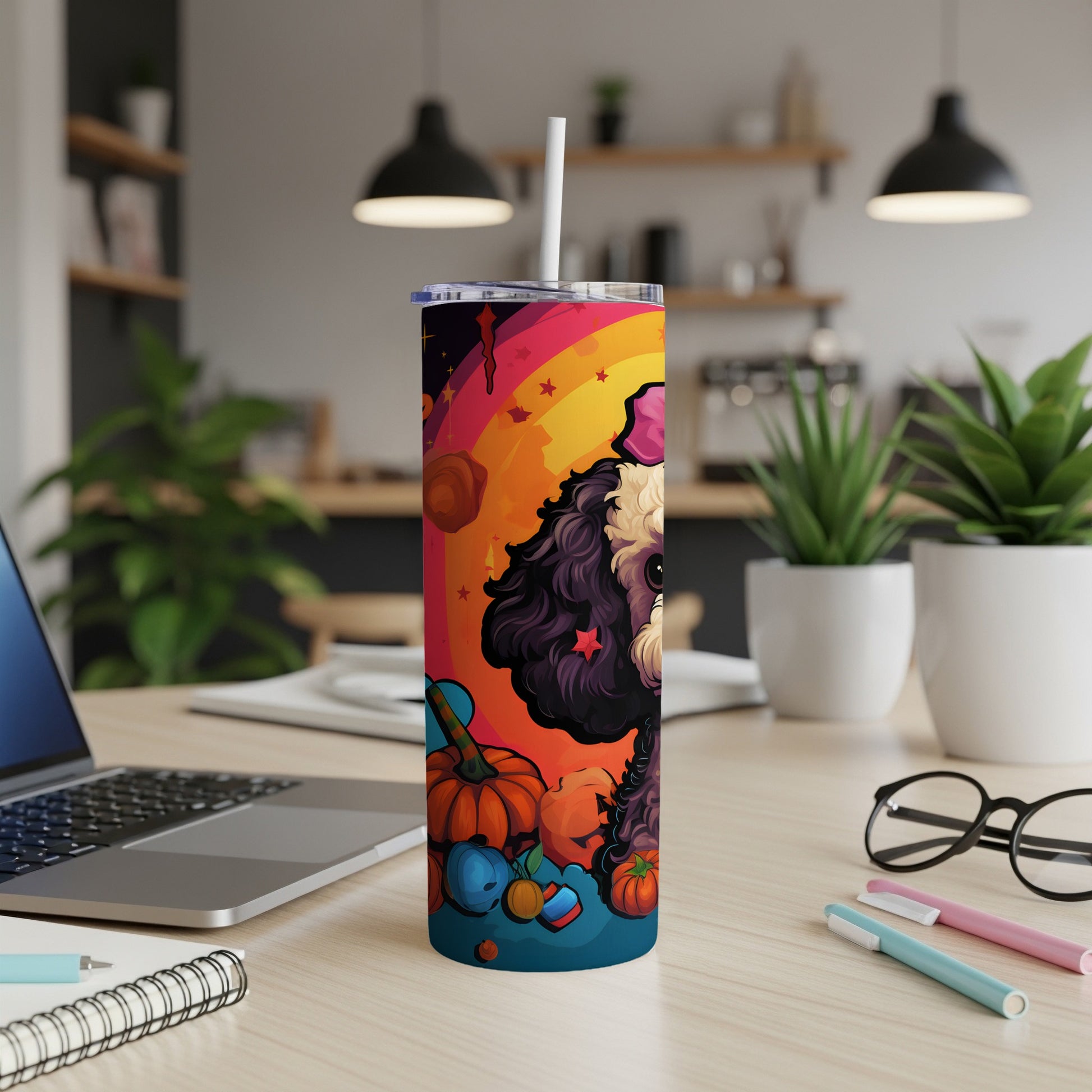 Tumbler with a cartoon dog, rainbow, and Halloween pumpkins.