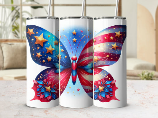 Three tumblers featuring a patriotic butterfly design with stars and stripes.