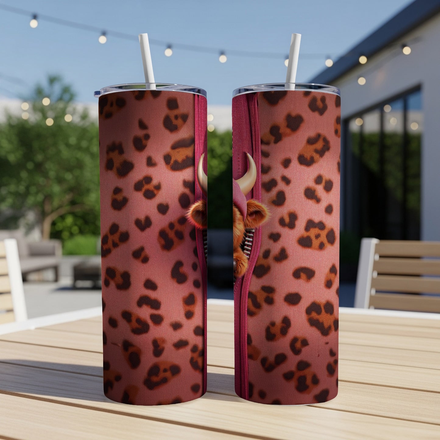 Two tumblers with leopard print and a bull's face peeking through a zipper.