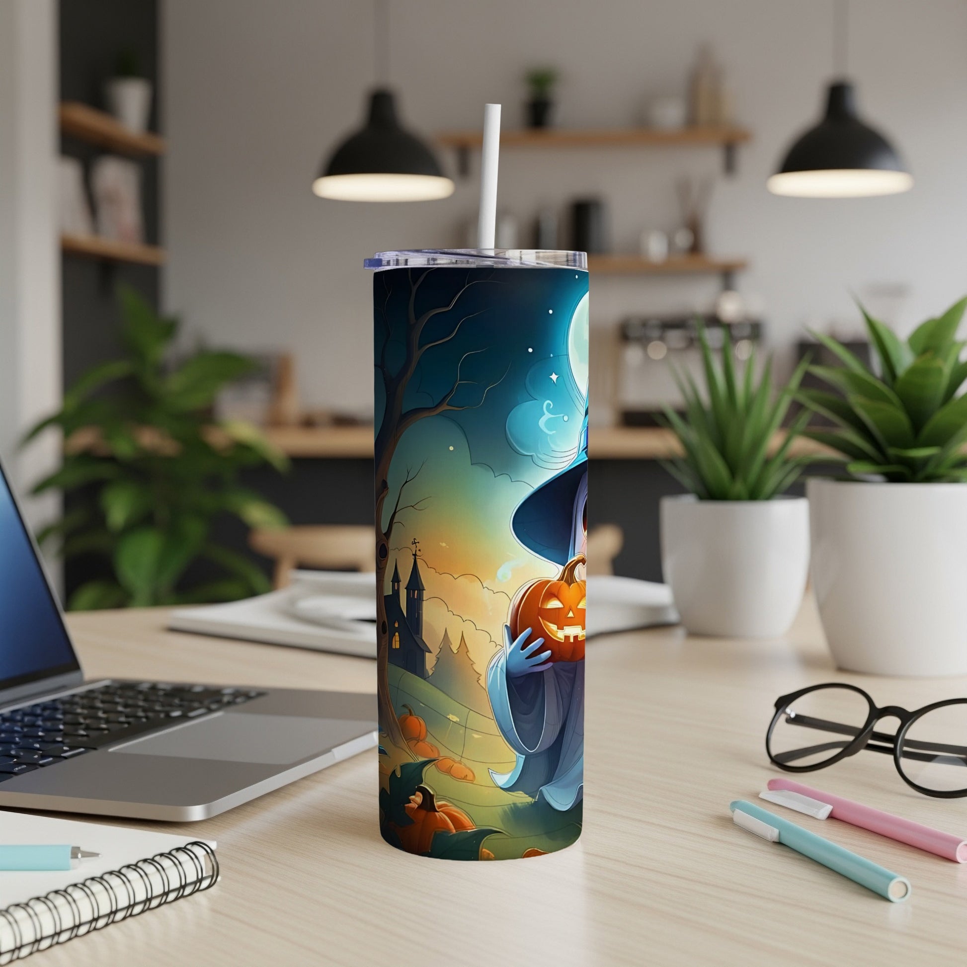 Tumbler with witch holding jack-o'-lantern in spooky Halloween scene.