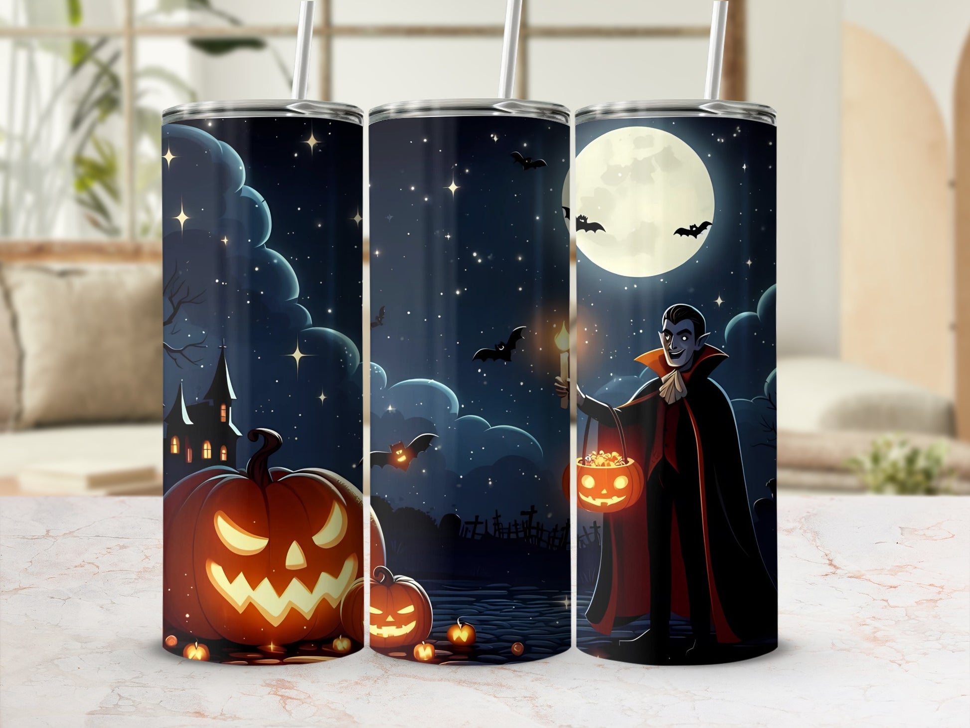 Three tumblers with a Halloween scene featuring a vampire, pumpkins, bats, and a haunted castle.