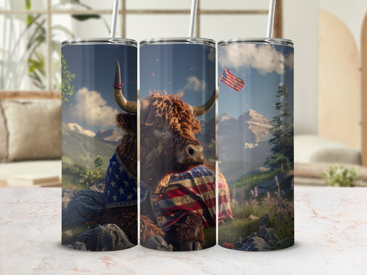Highland cow wearing a US flag blanket in a mountain landscape.