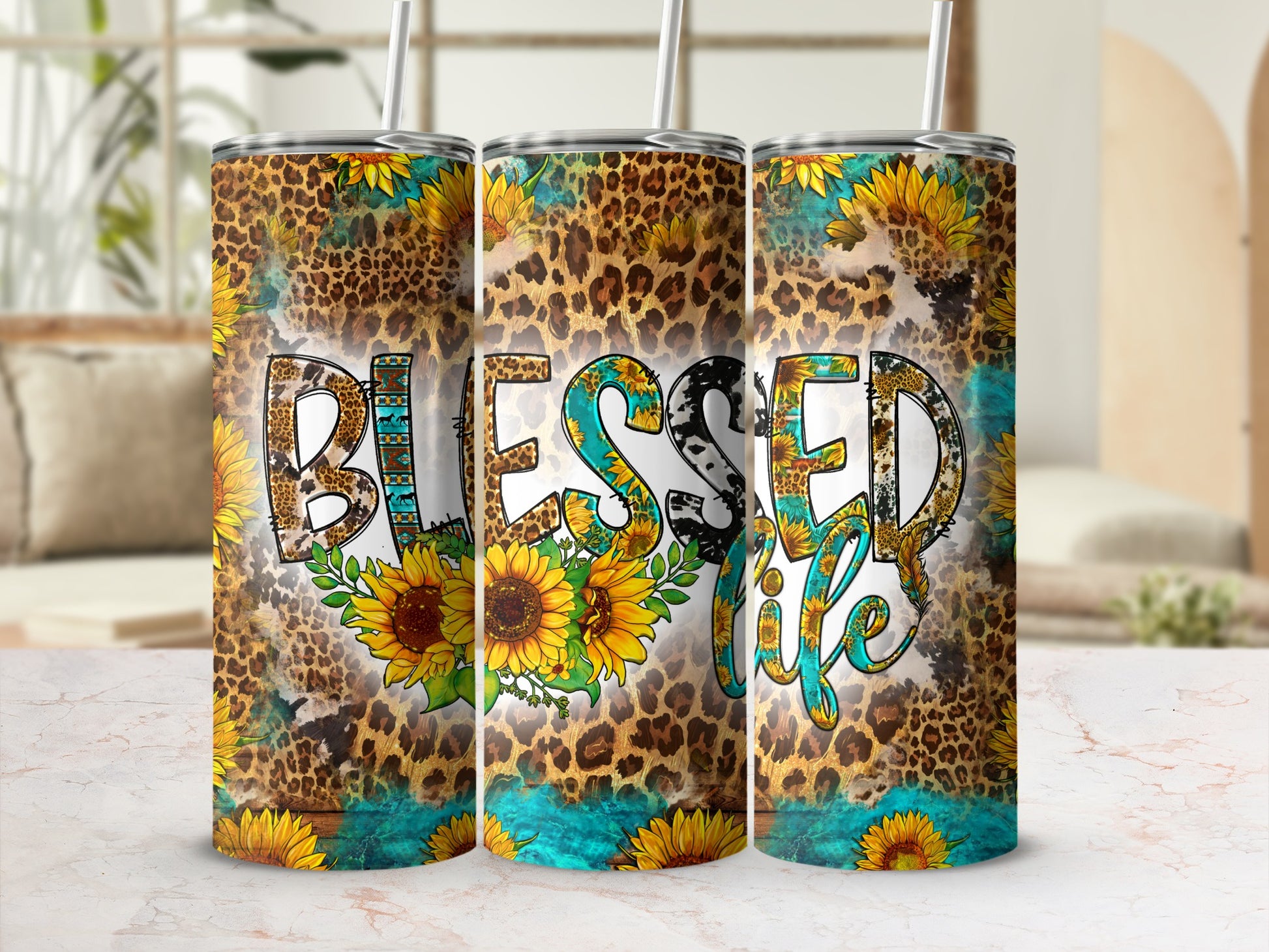 Tumbler with "Blessed Life" text and leopard print with sunflowers.
