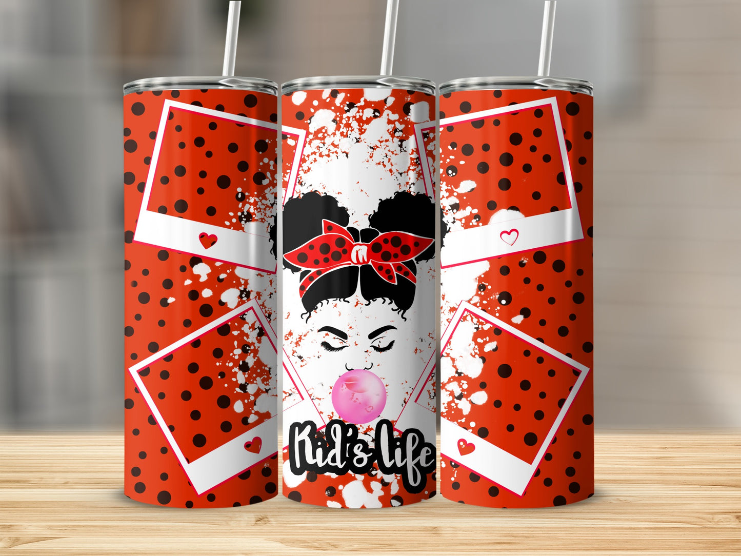 Three tumblers with a "Kid's Life" design featuring a girl blowing pink bubblegum.