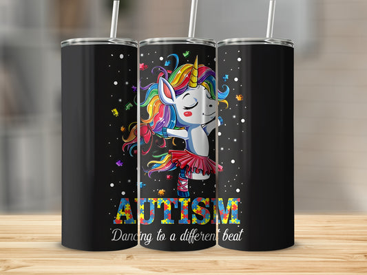 Autism unicorn dancing to a different beat, with colorful confetti.