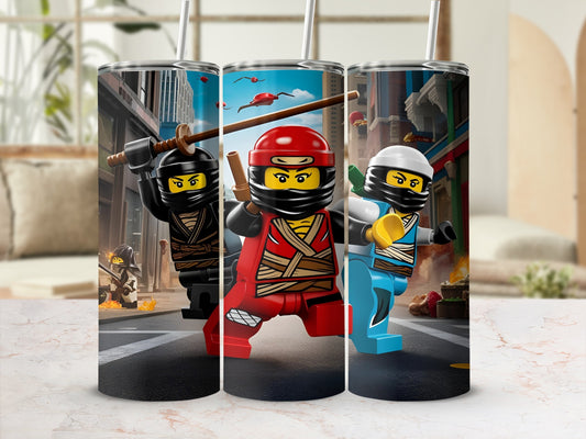 Three Ninjago characters with nunchucks, katanas, and staffs in city street.