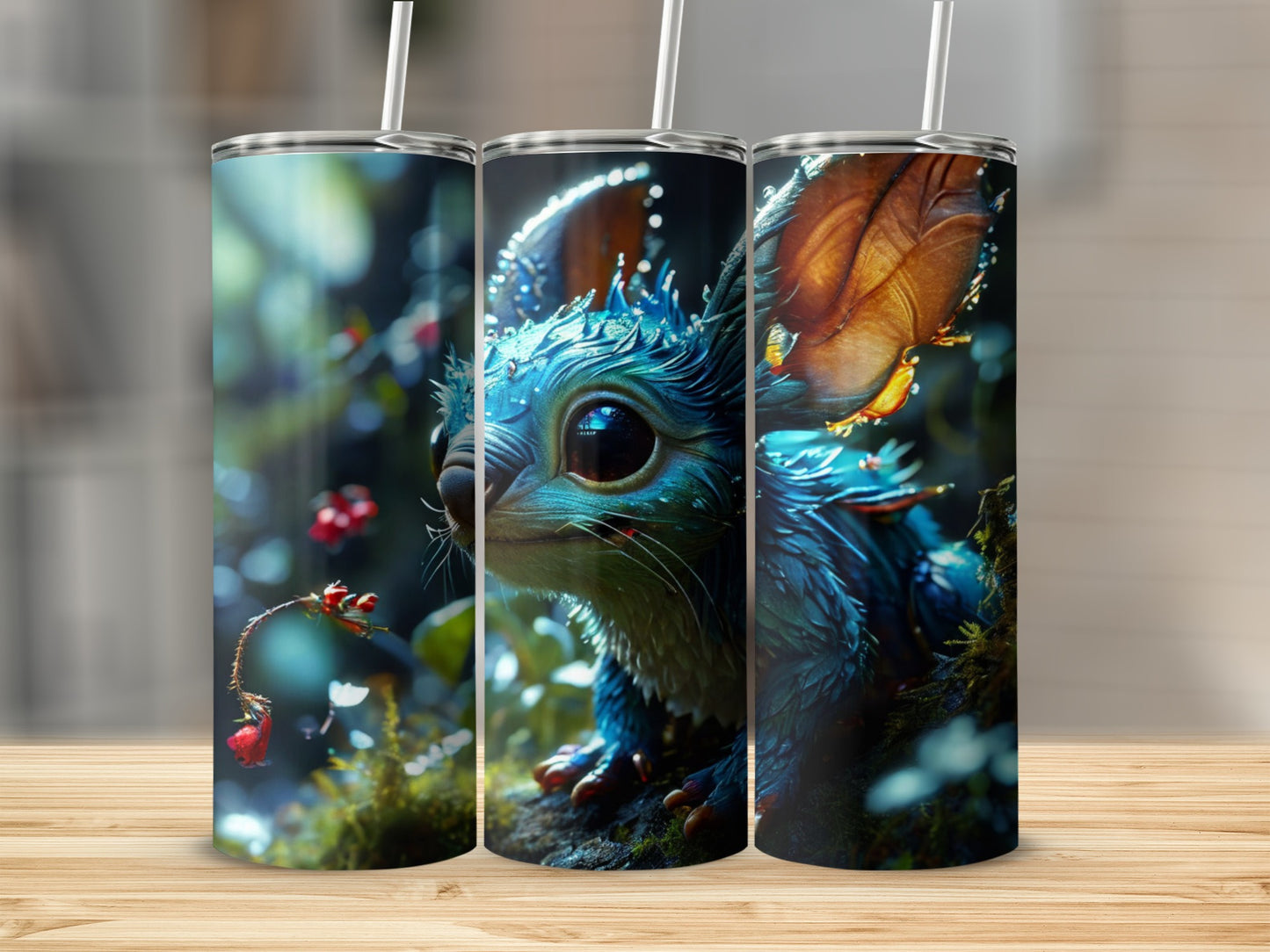 Fantasy creature with large eyes, wings, and blue fur on a dark background.