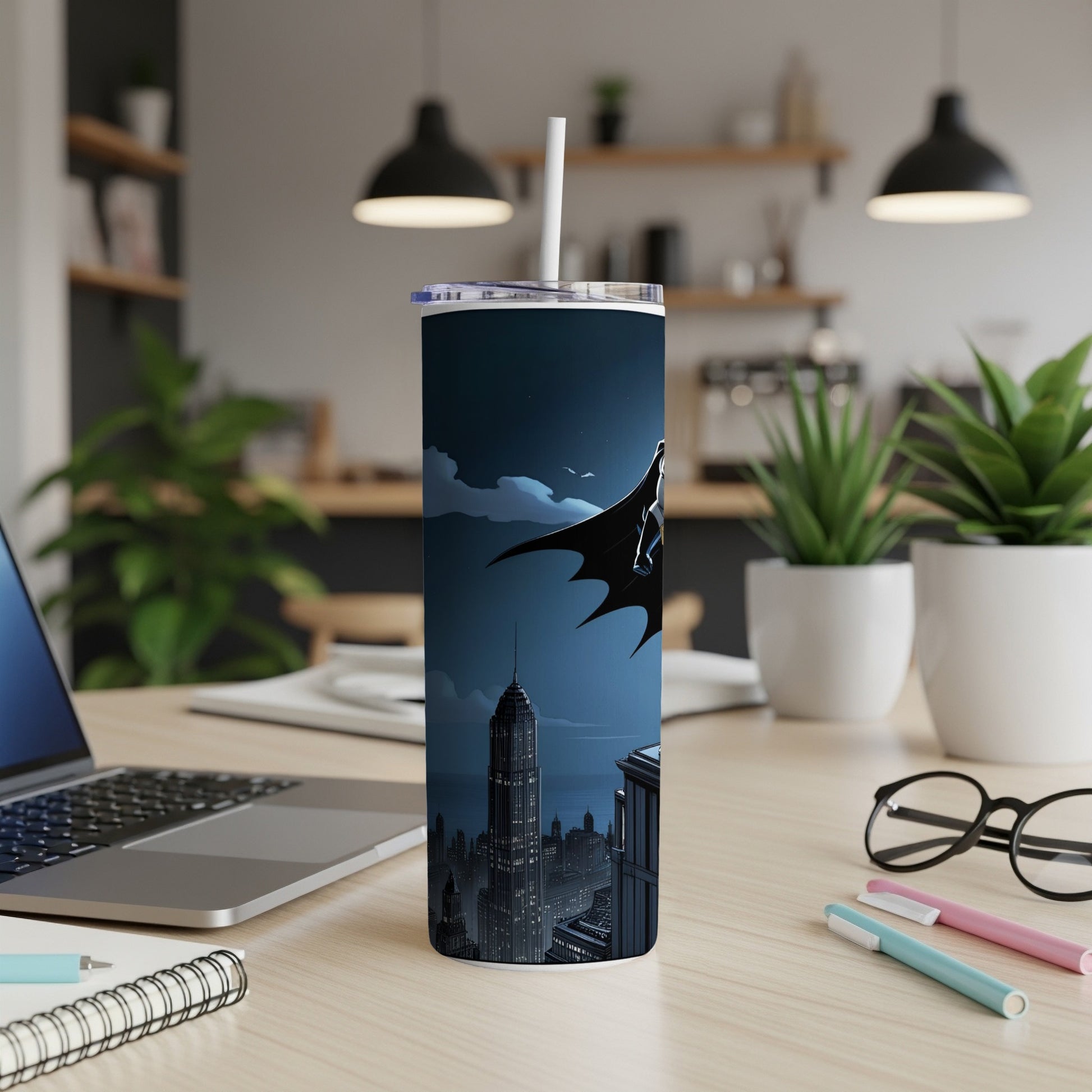 Batman on a Gotham City skyscraper rooftop at night, on a dark tumbler.