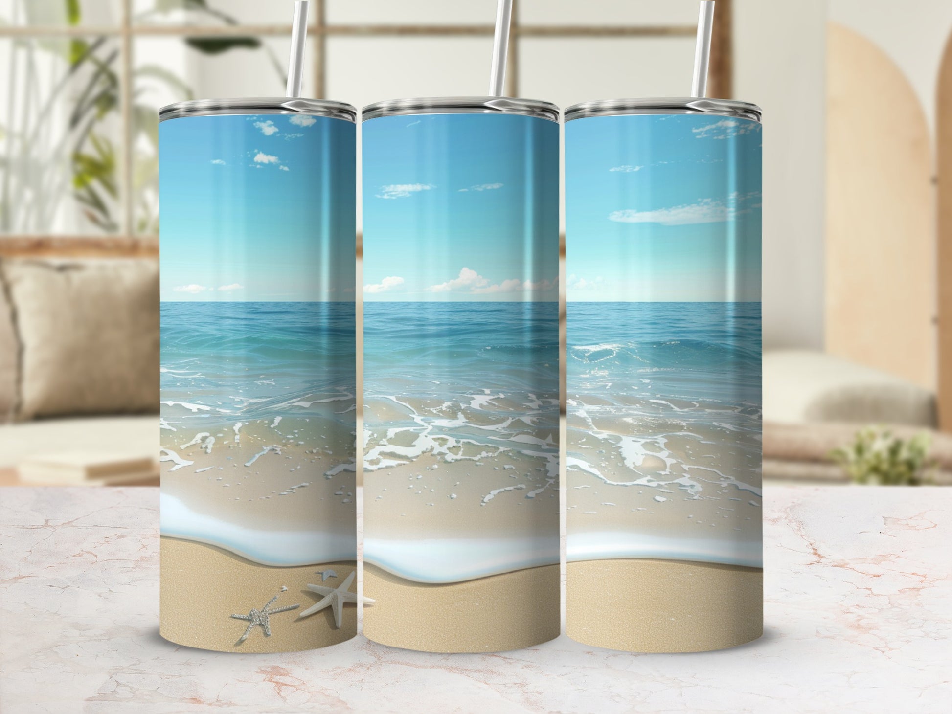 Three tumblers featuring a beach scene with ocean waves and starfish.