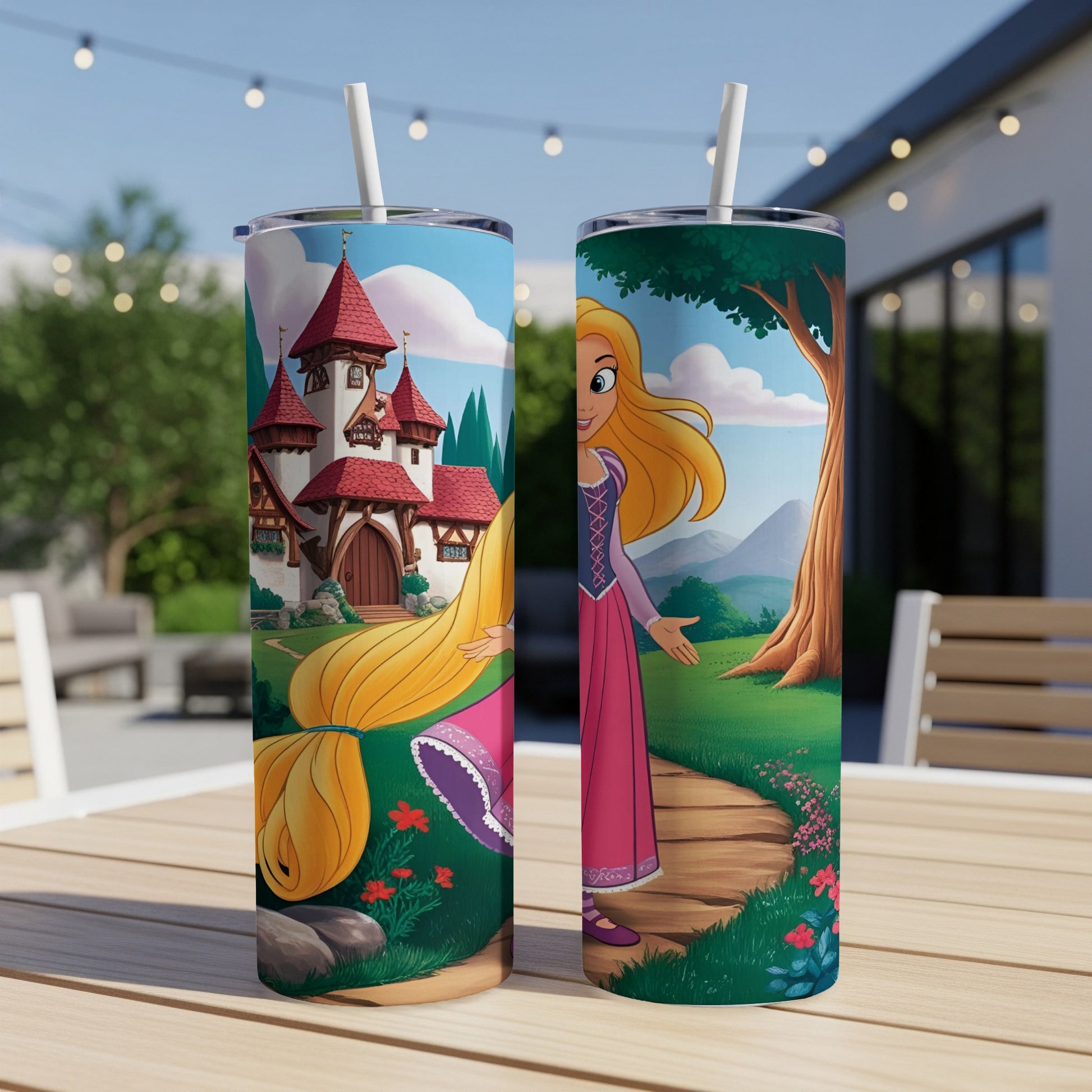 Two skinny tumblers featuring Rapunzel from Tangled on a castle path.