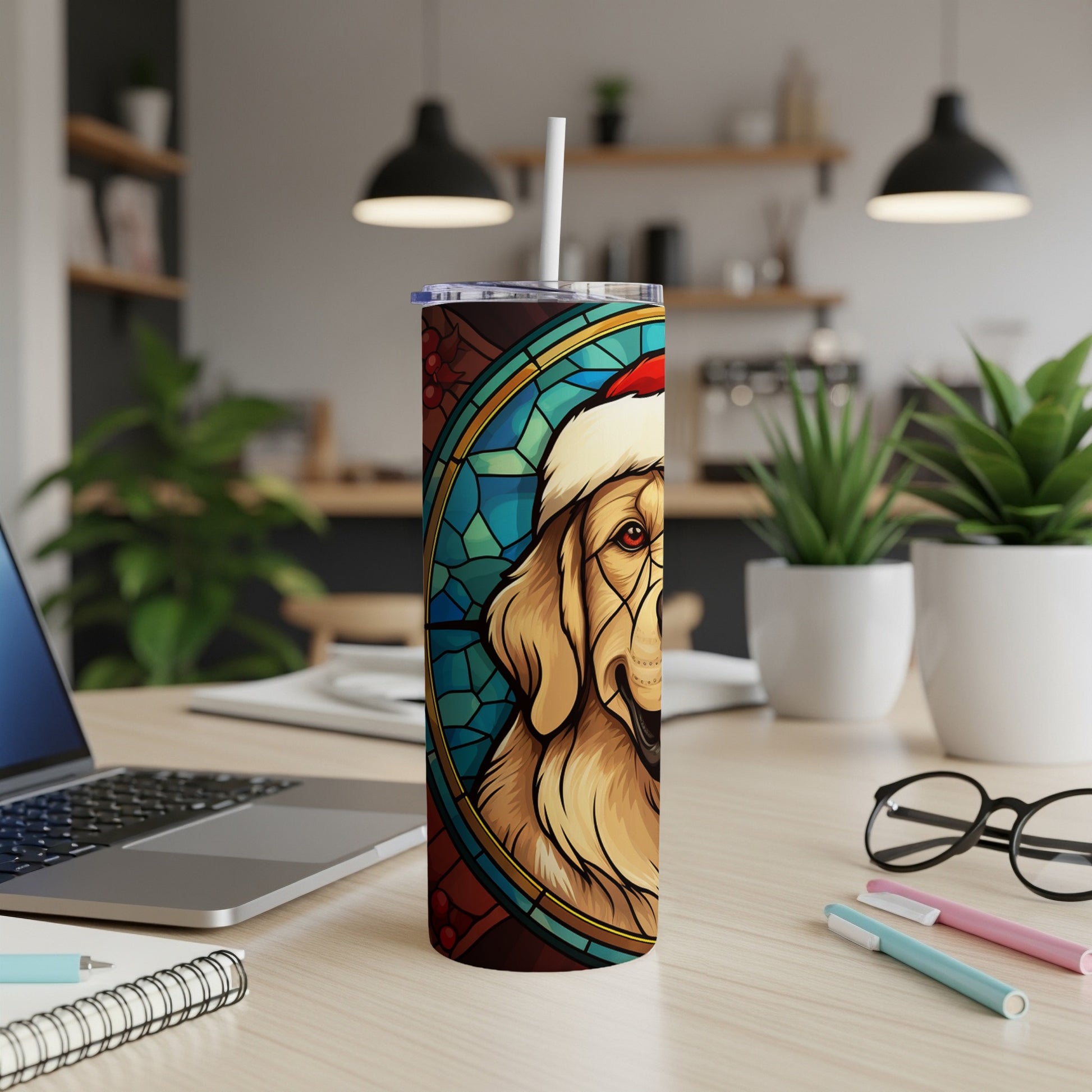 Golden retriever in Santa hat on stained glass tumbler.