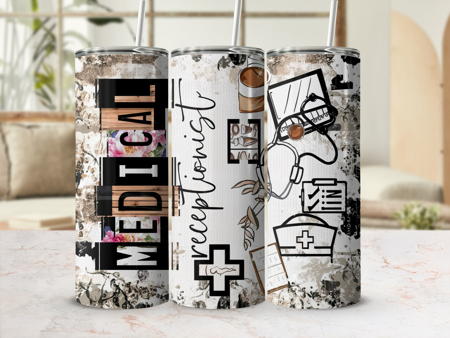 Triptych tumbler with medical graphics and "Medical Receptionist" text.