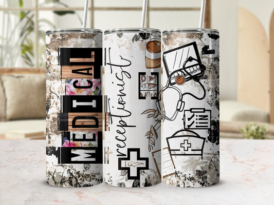 Triptych tumbler with medical graphics and "Medical Receptionist" text.